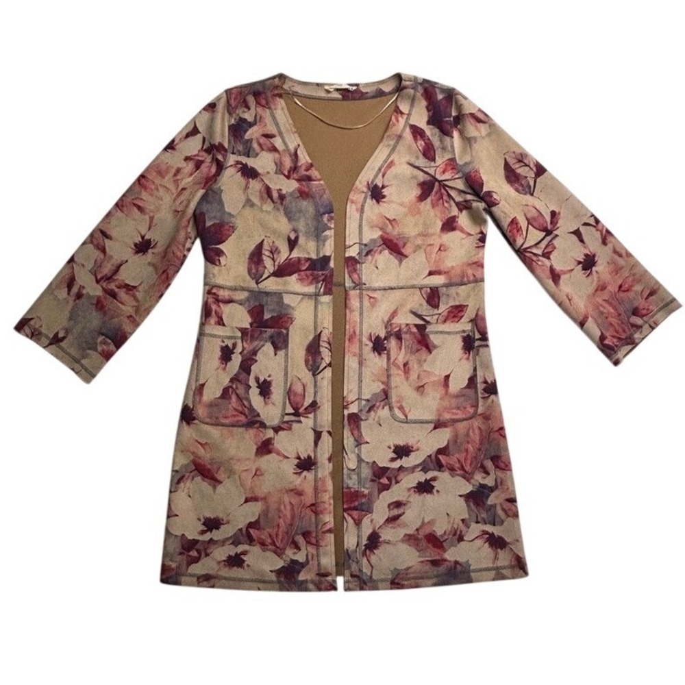 Solitaire Womens Floral Faux Suede Open Front Duster Cardigan Tan Mauve Medium‎